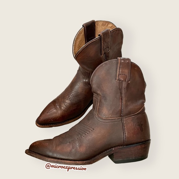 $369 Frye Billy Short Pull On Brown Leather Southern Cowgirl Cowboy Ankle Bootie - Picture 10 of 16